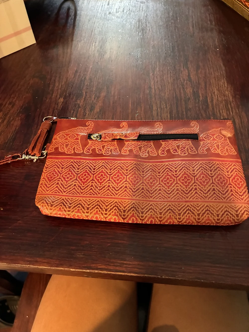 Handcrafted Red Elephant Embossed Wristlet Clutch